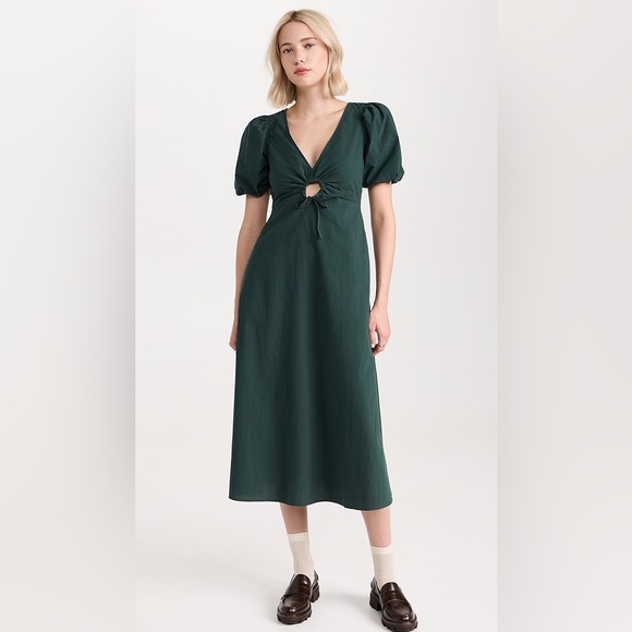 Madewell Terri Poplin Midi Puff Sleeve Dress US 10 Dark Palm Green - Picture 1 of 15